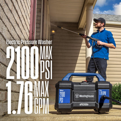 Westinghouse ePX3100v Electric Pressure Washer, 2100 Max PSI 1.76 Max GPM, Built-in Carry Handle, Detachable Foam Cannon, Pro-Style Steel Wand, 3-Nozzle Set, for Cars/Fences/Driveways/Home/Patios Westinghouse