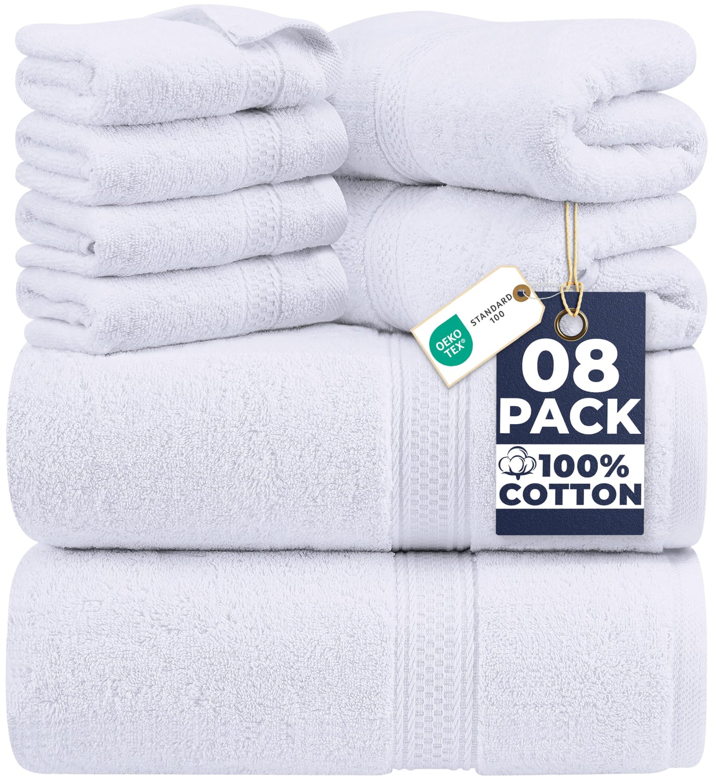 Utopia Towels 8 Piece Premium Towel Set, 2 Bath, 2 Hand, and 4 Wash Cloths, 600 GSM 100% Ring Spun Cotton Highly Absorbent Towels for Bathroom, Gym, Hotel, and Spa, White