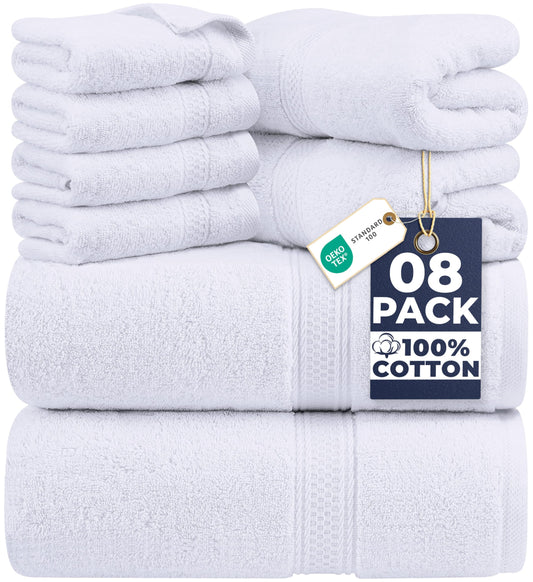 Utopia Towels 8 Piece Premium Towel Set, 2 Bath, 2 Hand, and 4 Wash Cloths, 600 GSM 100% Ring Spun Cotton Highly Absorbent Towels for Bathroom, Gym, Hotel, and Spa, White