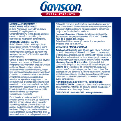 Gaviscon Extra Strength Tablets - 60 Count - Chewable Foaming Antacid Tablets for Day and Night Heartburn Relief, Acid Reflux and GERD relief, Butterscotch - Free of Aluminum, Lactose and Gluten 🍁 All In One Marketplace Canada