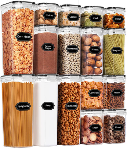 PRAKI Airtight Food Storage Container Set with Lids, 16 Pcs Plastic Dry Food Canisters for Kitchen Pantry Organizers and Storage, Ideal for Cereal, Flour & Sugar - Labels, Marker(Black) - Available at All In One Marketplace Canada