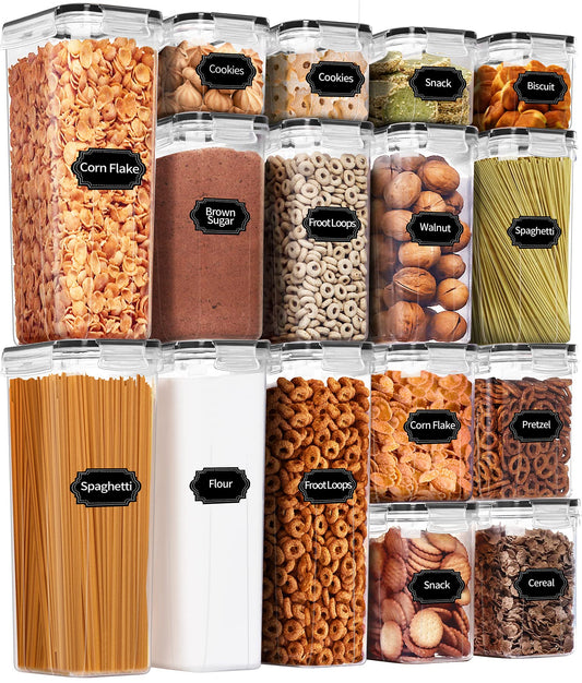 PRAKI Airtight Food Storage Container Set with Lids, 16 Pcs Plastic Dry Food Canisters for Kitchen Pantry Organizers and Storage, Ideal for Cereal, Flour & Sugar - Labels, Marker(Black) - Available at All In One Marketplace Canada