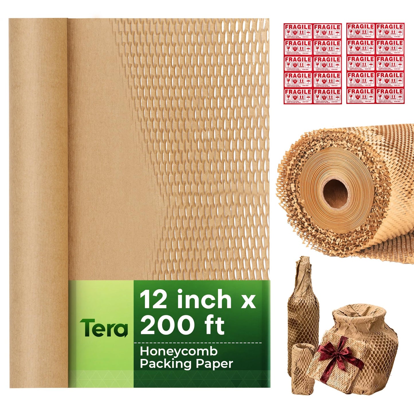 Tera Honeycomb Packing Paper Eco-friendly: 12"x200' Recyclable Cushioning Wrap for packaging Moving Supplies Shipping Boxes Gift Wrapping Paper Alternative to Bubble Wrap with 20 Fragile Sticker 🍁 All In One Marketplace Canada