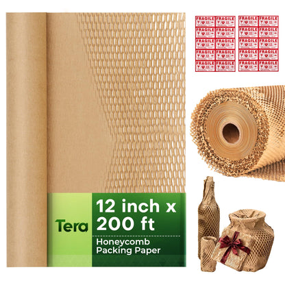 Tera Honeycomb Packing Paper Eco-friendly: 12"x200' Recyclable Cushioning Wrap for packaging Moving Supplies Shipping Boxes Gift Wrapping Paper Alternative to Bubble Wrap with 20 Fragile Sticker 🍁 All In One Marketplace Canada