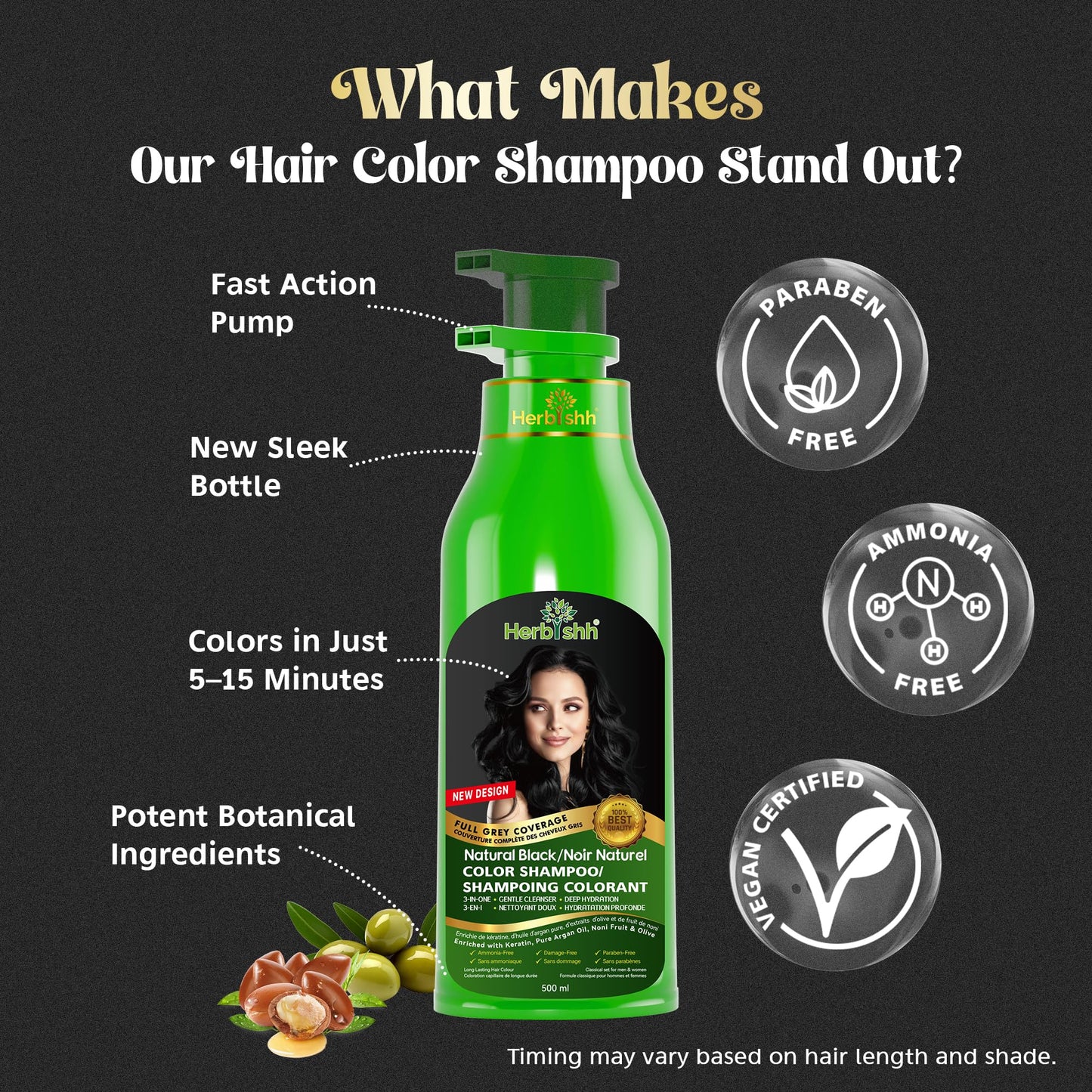 Herbishh Black Hair Dye Shampoo (500 mL), 3 in 1 Demi Permanent Hair Color Shampoo for Grey Coverage in 5-15 Minutes, Ideal for Women & Men. Ammonia-Free - Available at All In One Marketplace Canada