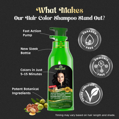 Herbishh Black Hair Dye Shampoo (500 mL), 3 in 1 Demi Permanent Hair Color Shampoo for Grey Coverage in 5-15 Minutes, Ideal for Women & Men. Ammonia-Free - Available at All In One Marketplace Canada