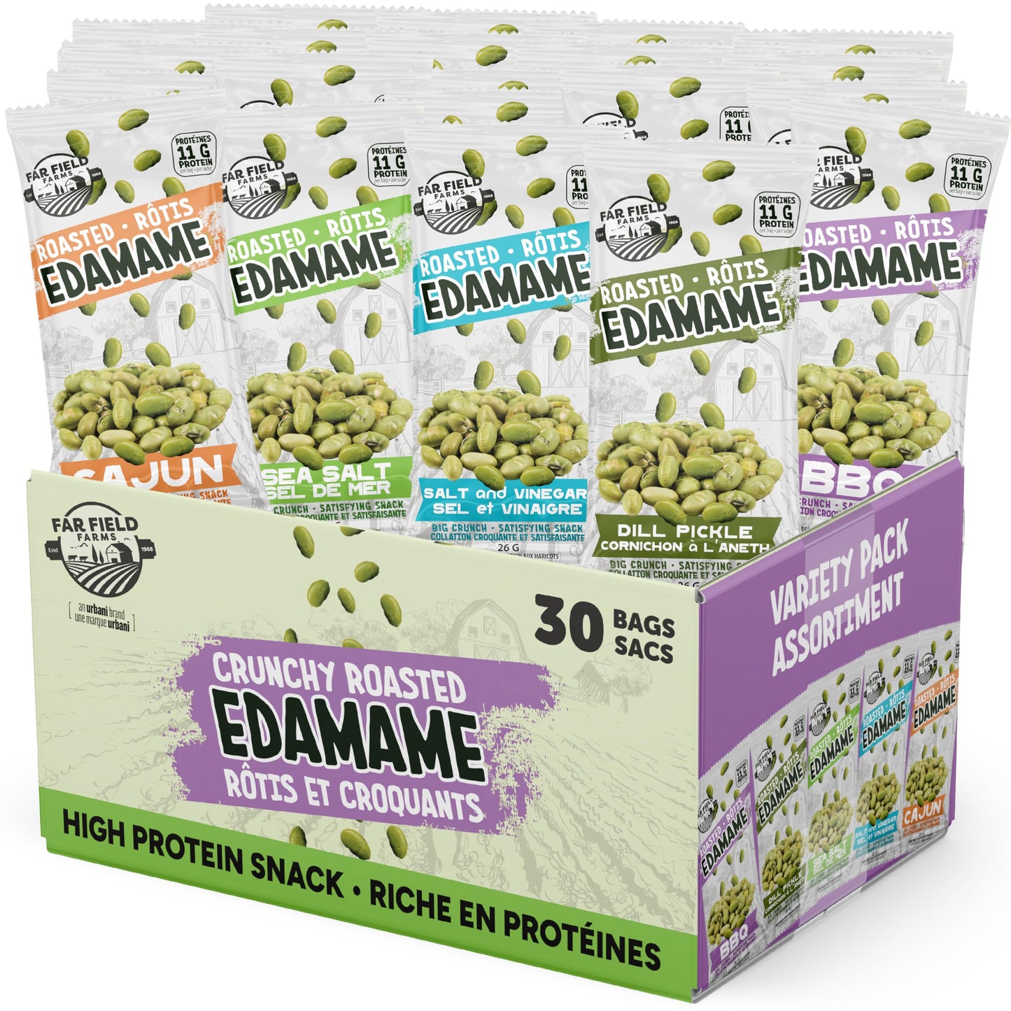 Urbani Far Field Roasted Edamame Variety Pack - 30 x 26g Bags, 11g Protein Per Serving