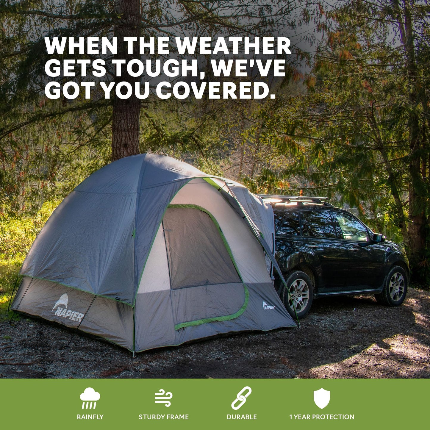 Napier Backroadz SUV Tent | 10' x 10' Vehicle Camping Tent | Fits All CUVs, SUVs, and Minivans | Sleeps 5 | Spacious, Durable, Easy Set-up | Gray/Green | Model 19100 Napier