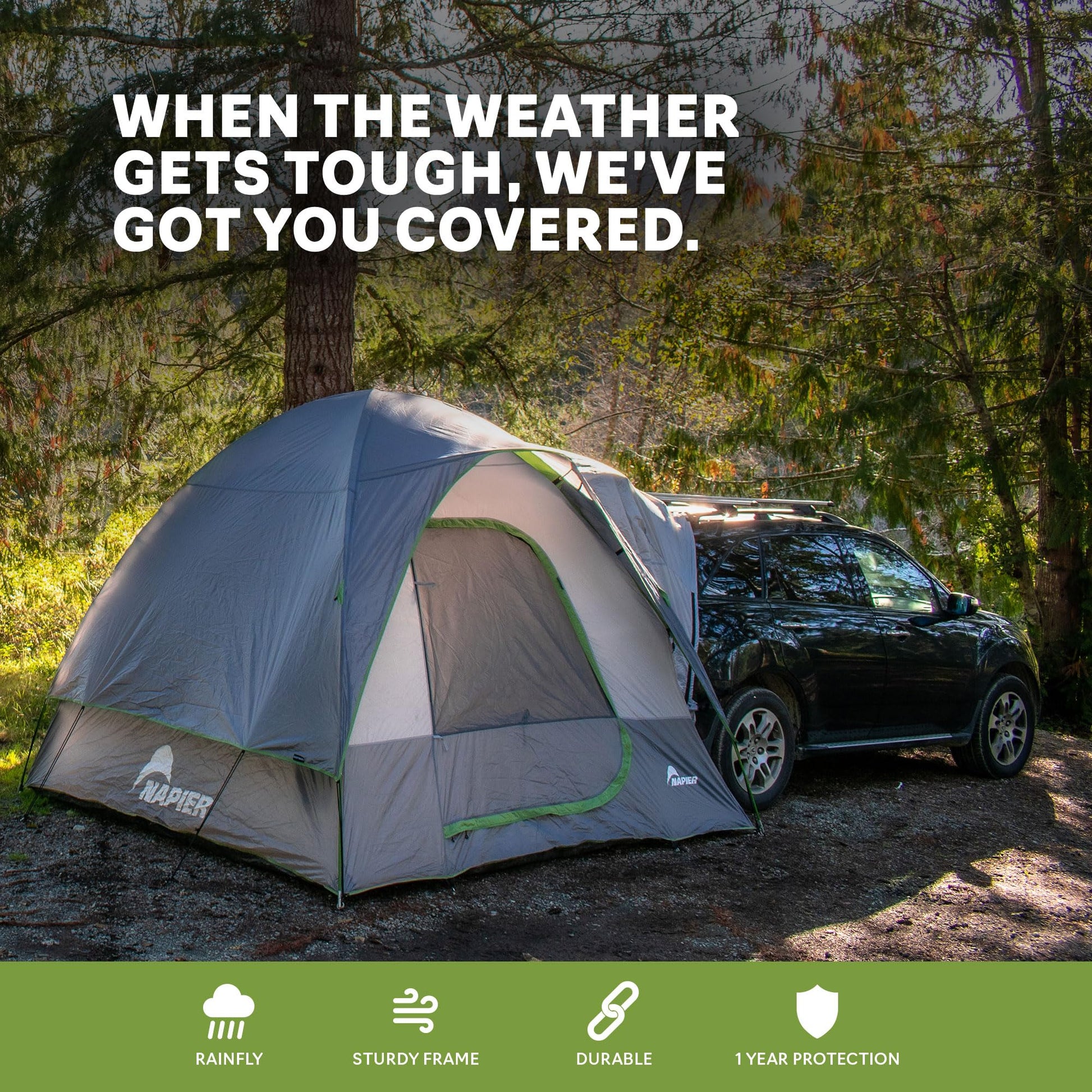 Napier Backroadz SUV Tent | 10' x 10' Vehicle Camping Tent | Fits All CUVs, SUVs, and Minivans | Sleeps 5 | Spacious, Durable, Easy Set-up | Gray/Green | Model 19100 Napier