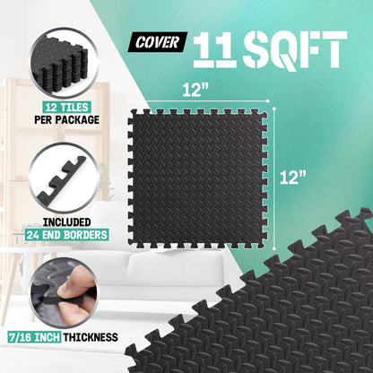 Yes4All EVA Interlocking Mats, Puzzle Floor Tiles, Foam Floor Padding with Border for Furniture, Home Space, Living Room, Garage - Black, 1.02 m2 🍁 All In One Marketplace Canada