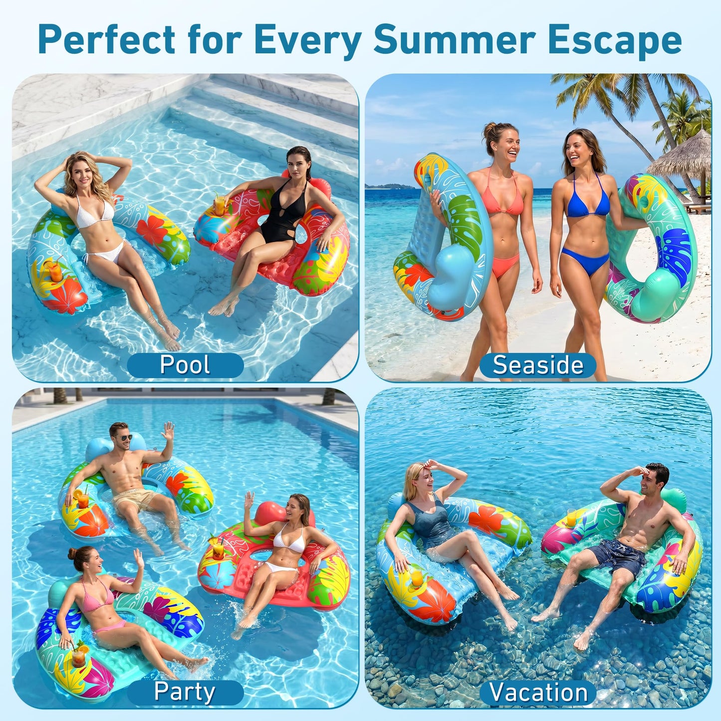 SEETOHOME 3 Pack Pool Floaties for Adults, Inflatable Pool Float Chair Adult Size with Backrest & Cup Holder Floating Pool Chair Floaties for Adults Beaches, Lakes, Rivers, Parties Water Fun