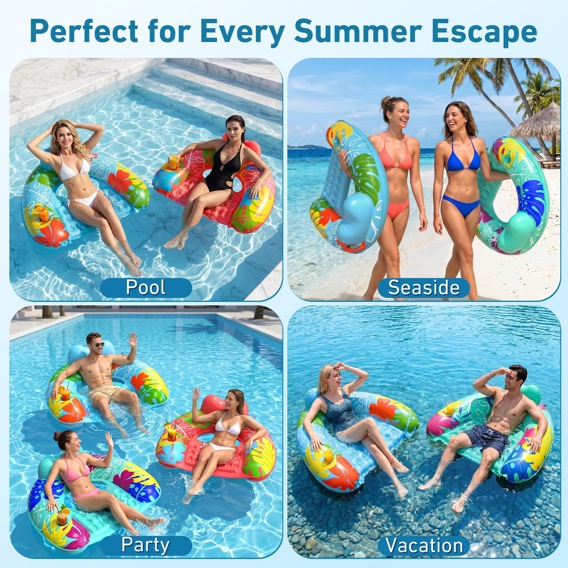 SEETOHOME 3 Pack Pool Floaties for Adults, Inflatable Pool Float Chair Adult Size with Backrest & Cup Holder Floating Pool Chair Floaties for Adults Beaches, Lakes, Rivers, Parties Water Fun