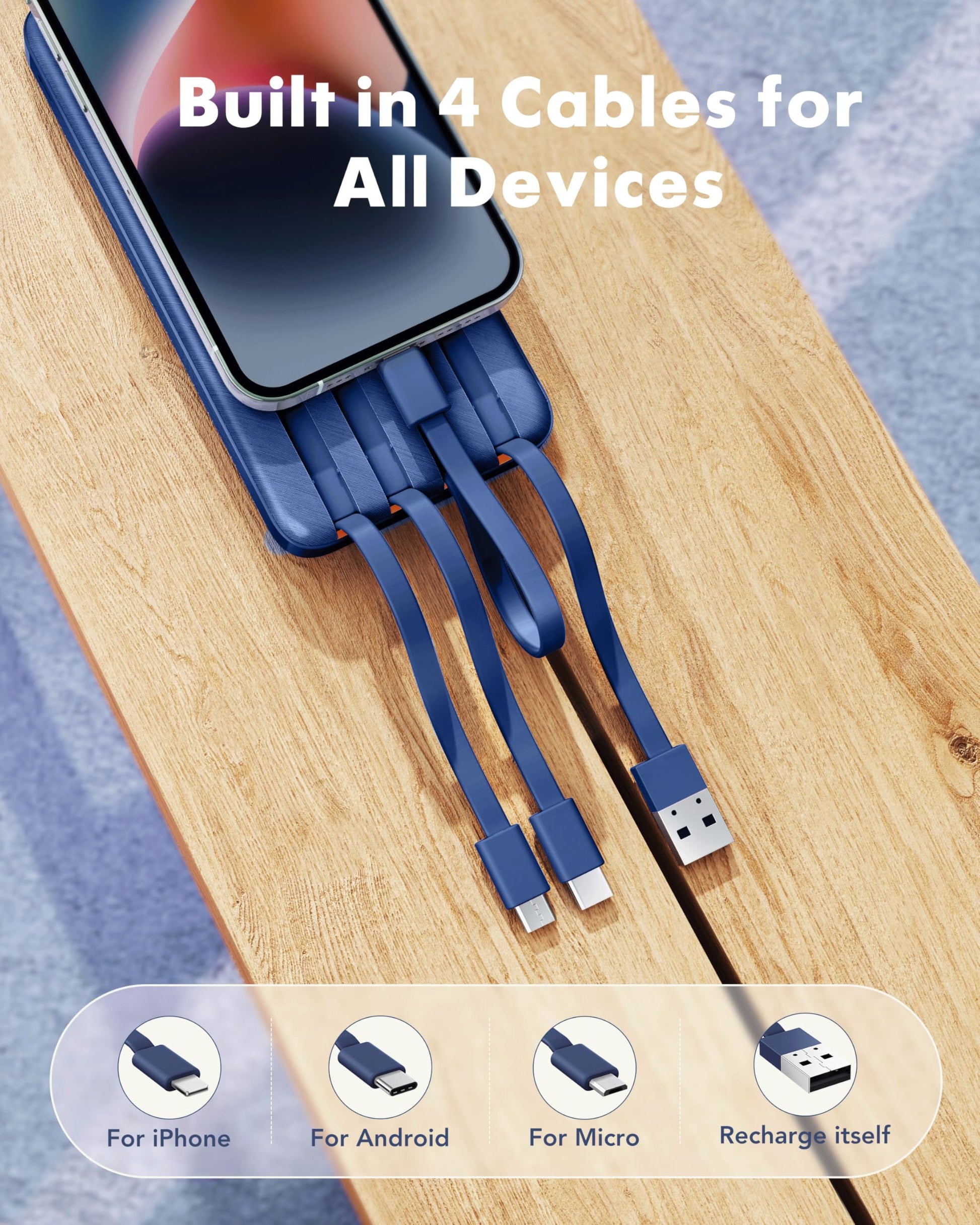 Charmast Portable Charger with Built in Cables, Power Bank with Cords Wires, Slim 10000mAh Travel Battery Pack 6 Outputs 3 Inputs 3A Fast Charging for Samsung Google Pixel LG Moto iPhone iPad - Available at All In One Marketplace Canada