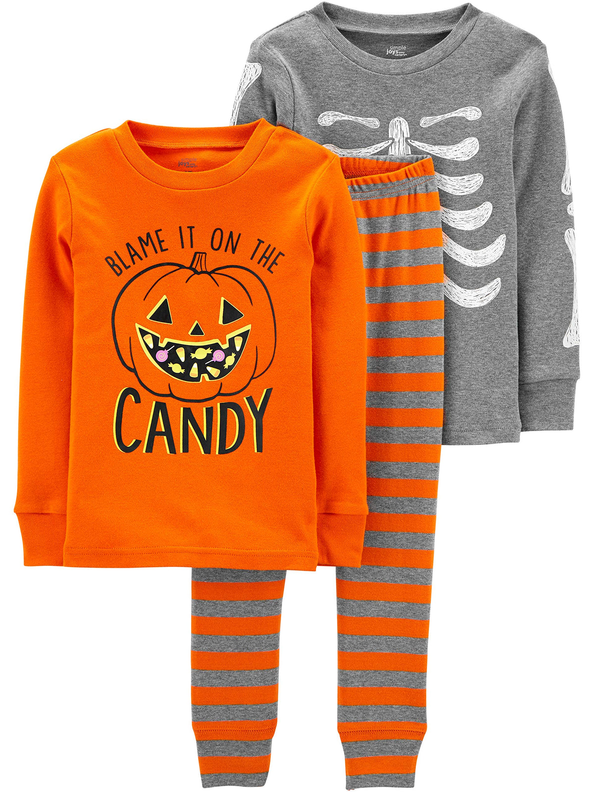 Simple Joys by Carter's Unisex Toddlers' 3-Piece Snug-Fit Cotton Halloween Pajama Set, Skeleton/Candy, 2T