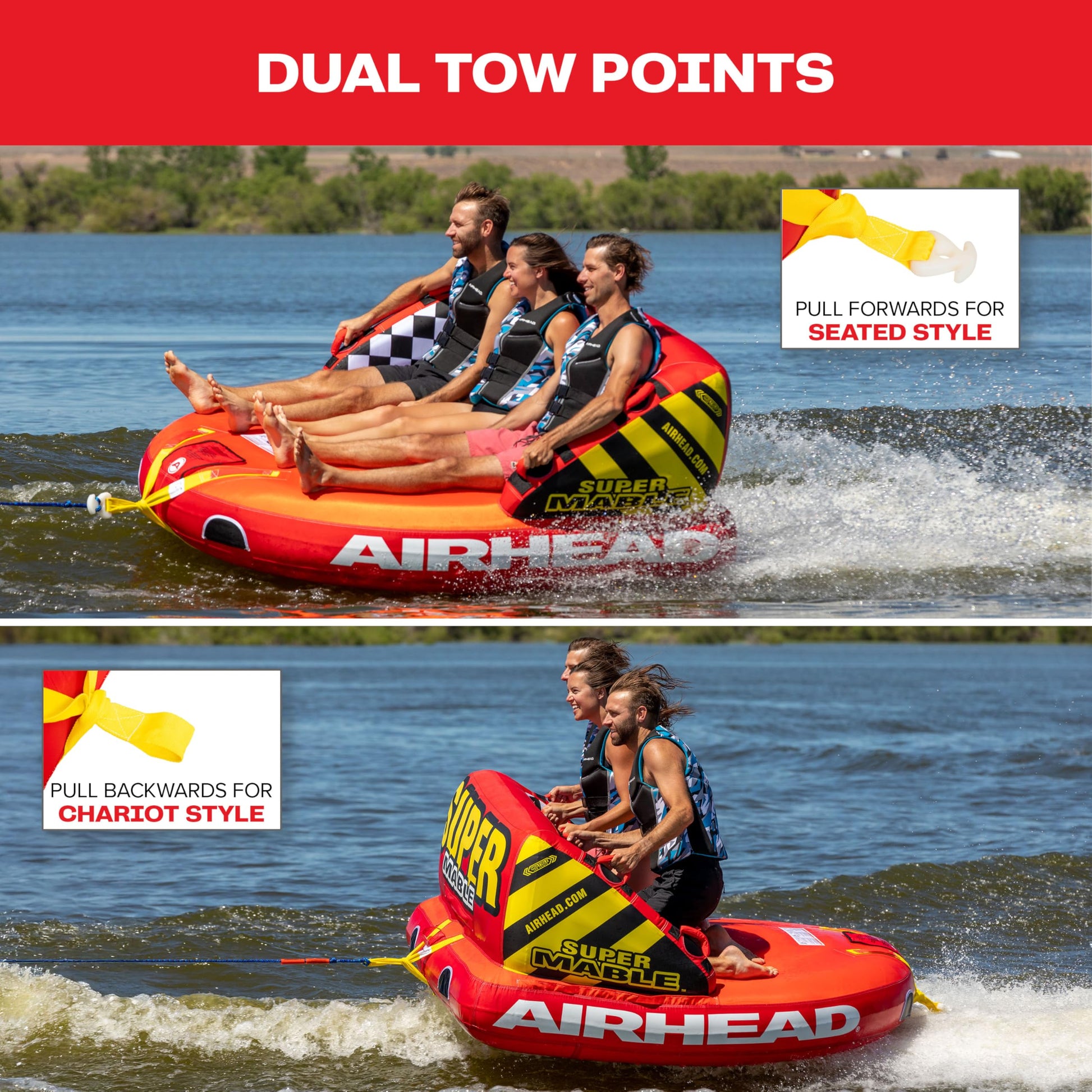 Airhead Super Mable, 1-3 Rider - Inflatable Towable Tube for Boating and Water Sports, Heavy Duty Full Nylon Cover & Zipper with EVA Foam Padding, Easy Inflating & Deflating Airhead