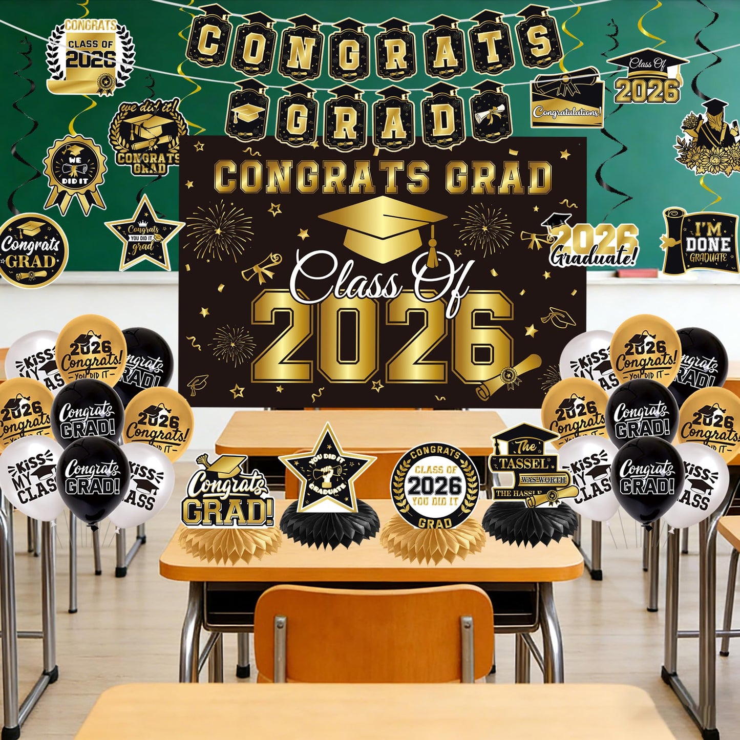 Graduation Decorations 2026 Black Gold 35PCS, Pre-Strung Congrats Grad Banner, Class of 2026 Backdrop, Balloons, Hanging Swirls, Graduation Party Decorations,PRE-ASSEMBLED - Available at All In One Marketplace Canada