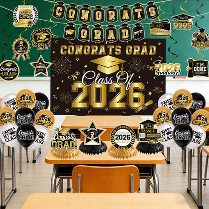 Graduation Decorations 2026 Black Gold 35PCS, Pre-Strung Congrats Grad Banner, Class of 2026 Backdrop, Balloons, Hanging Swirls, Graduation Party Decorations,PRE-ASSEMBLED - Available at All In One Marketplace Canada