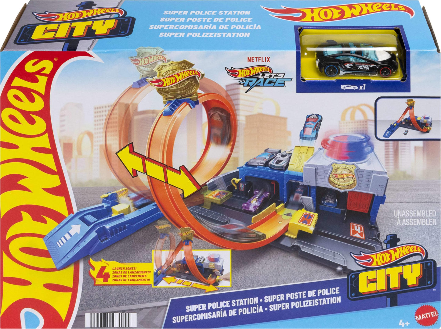 Hot Wheels Toy Car Track Set, Super Police Station Playset with 1:64 Scale Die-Cast Vehicle, Adjustable Loop for Multiple Ways to Race & Stunt Hot Wheels