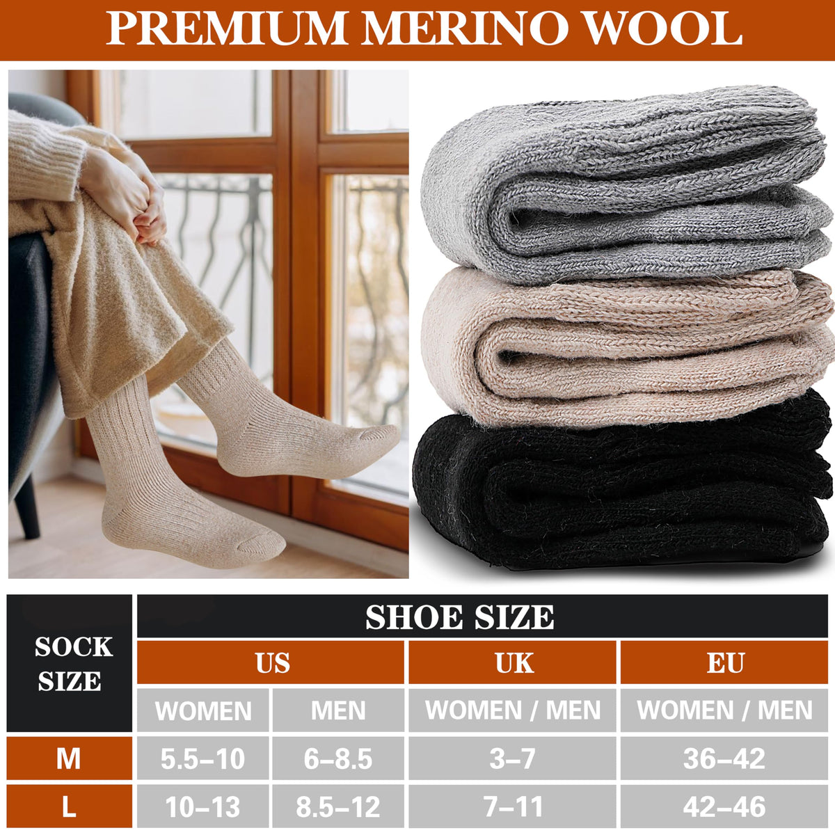 Merino Wool Thermal Boot Socks for Men Women Warm Thick Winter Hiking Cozy Christmas Stocking Stuffers Socks 3 Pairs(Beige/Black/Grey,M) 🍁 All In One Marketplace Canada