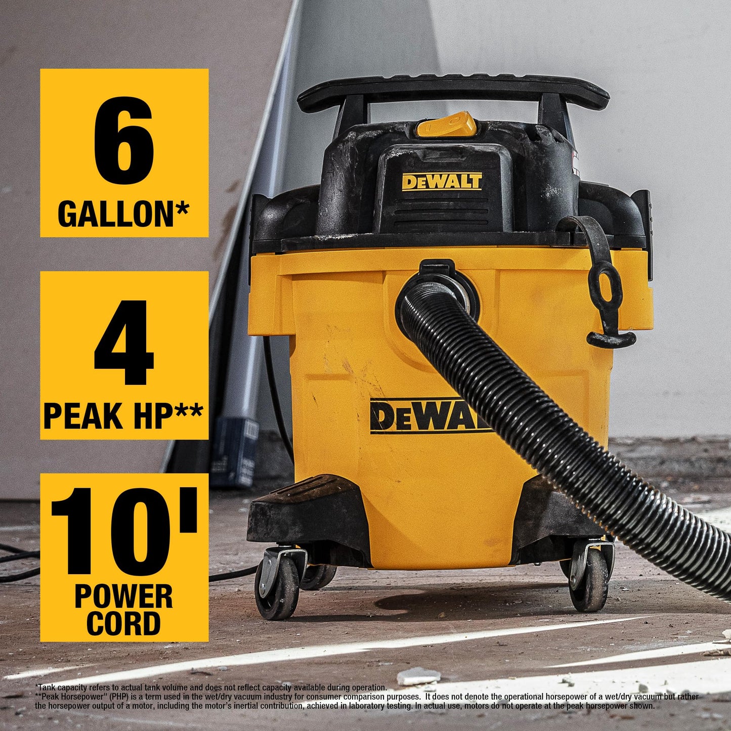 DEWALT DXV06P 4 Peak HP Shop Vacuums, 6 Gallon Poly Wet/Dry Vac, Heavy-Duty Shop Vacuum with Blower Function Yellow+Black DEWALT