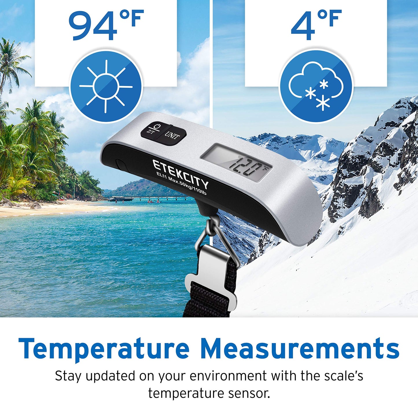Etekcity Digital Hanging Luggage Scale, Portable Handheld, Suitcase Scale with Rubber Paint, Temperature Sensor, 110 Pounds - Available at All In One Marketplace Canada