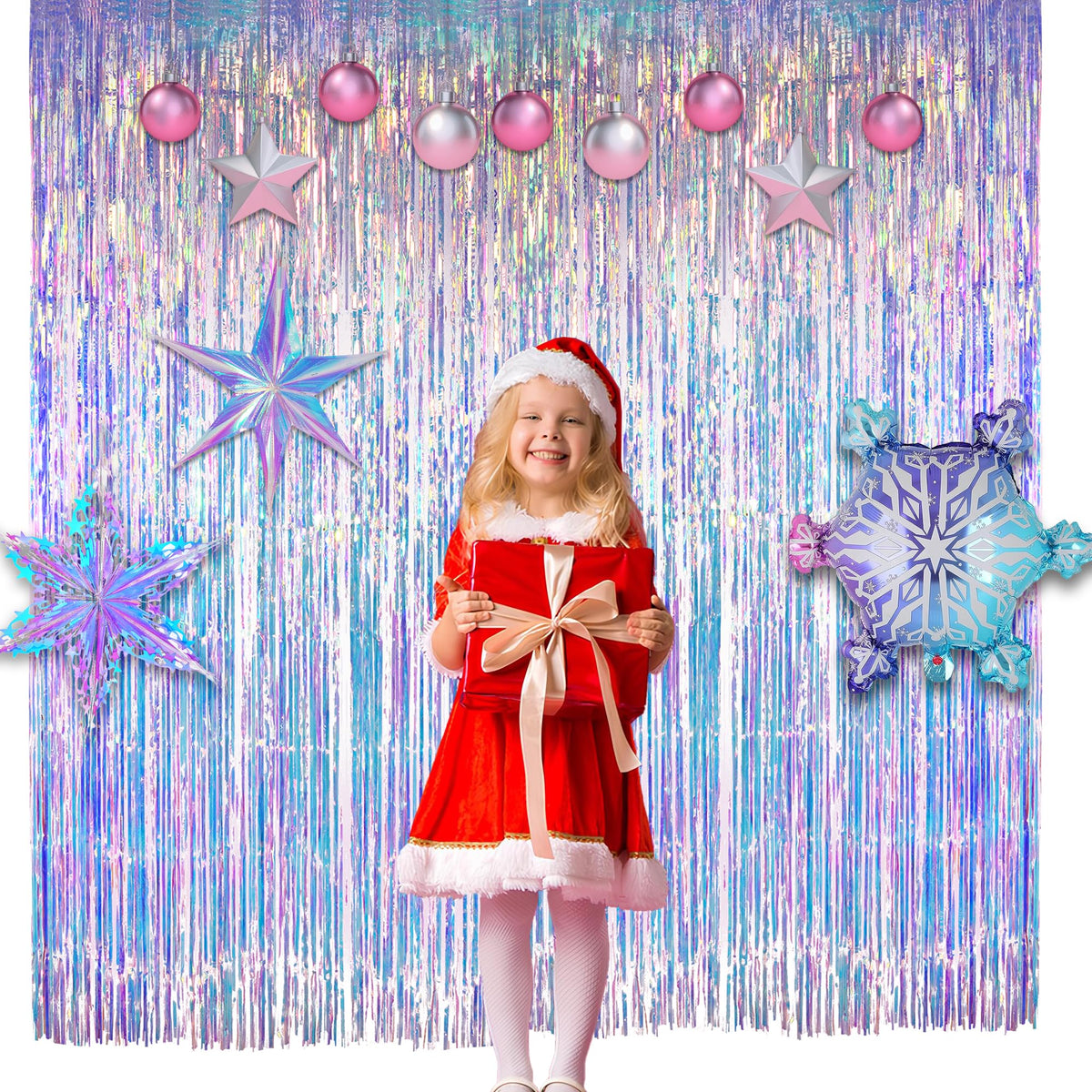 GREATRIL Iridescent Party Tinsel Fringe Backdrop Decorations - Holographic Foil Streamers Curtain for Frozen/Disco Ball/Mermaid/Birthday/Bachelorette/Winter/Christmas Themed - 3.2ft x 6.5ft - 2 PCS 🍁 All In One Marketplace Canada