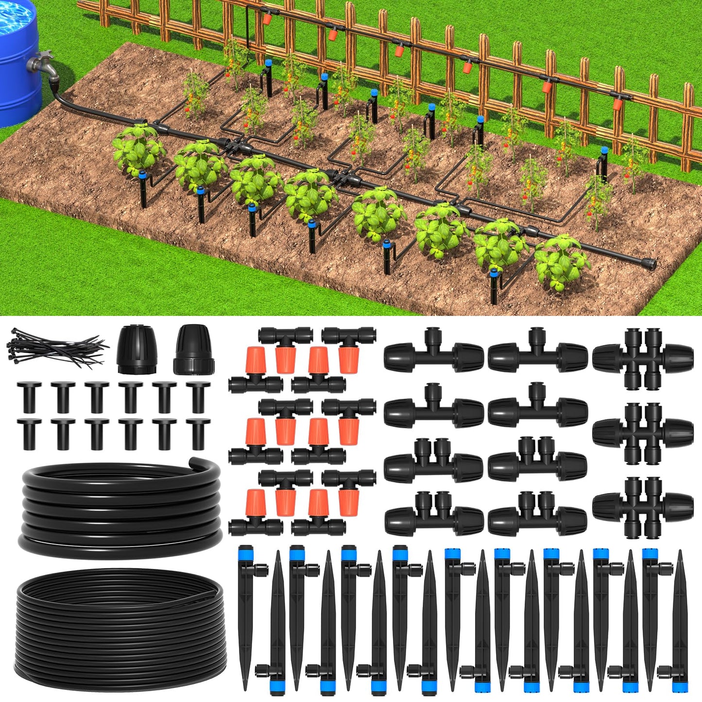 MIXC 101FT Drip Irrigation System, Easy to Setup Automatic Garden System with Anti-UV 1/4" & 1/2" Tubing - Water-Saving Adjustable Nozzles & Sprinklers for Patio, Greenhouse, Raised Bed, Potted Plants