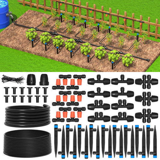 MIXC 101FT Drip Irrigation System, Easy to Setup Automatic Garden System with Anti-UV 1/4" & 1/2" Tubing - Water-Saving Adjustable Nozzles & Sprinklers for Patio, Greenhouse, Raised Bed, Potted Plants