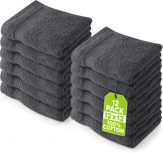Utopia Towels Premium Washcloth Set, 12 by 12 Inches, 600 GSM 100% Cotton Face Cloths, Highly Absorbent and Soft Feel Fingertip Towels, 12 Pack, Grey - Available at All In One Marketplace Canada