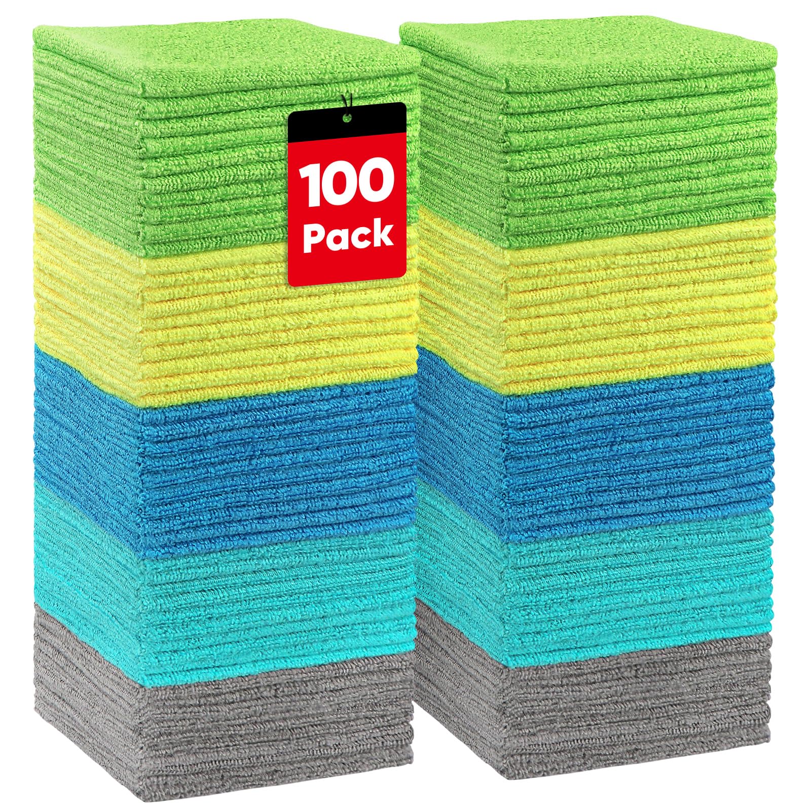 HOMEXCEL Microfiber Cleaning Cloths 100 Pack, Highly Absorbent Cleaning Towels, Lint Free & Scratch-Free Cleaning Rags for House, Kitchen and Car, Multi-Color Microfiber Towels 11.5 x 11.5 inch