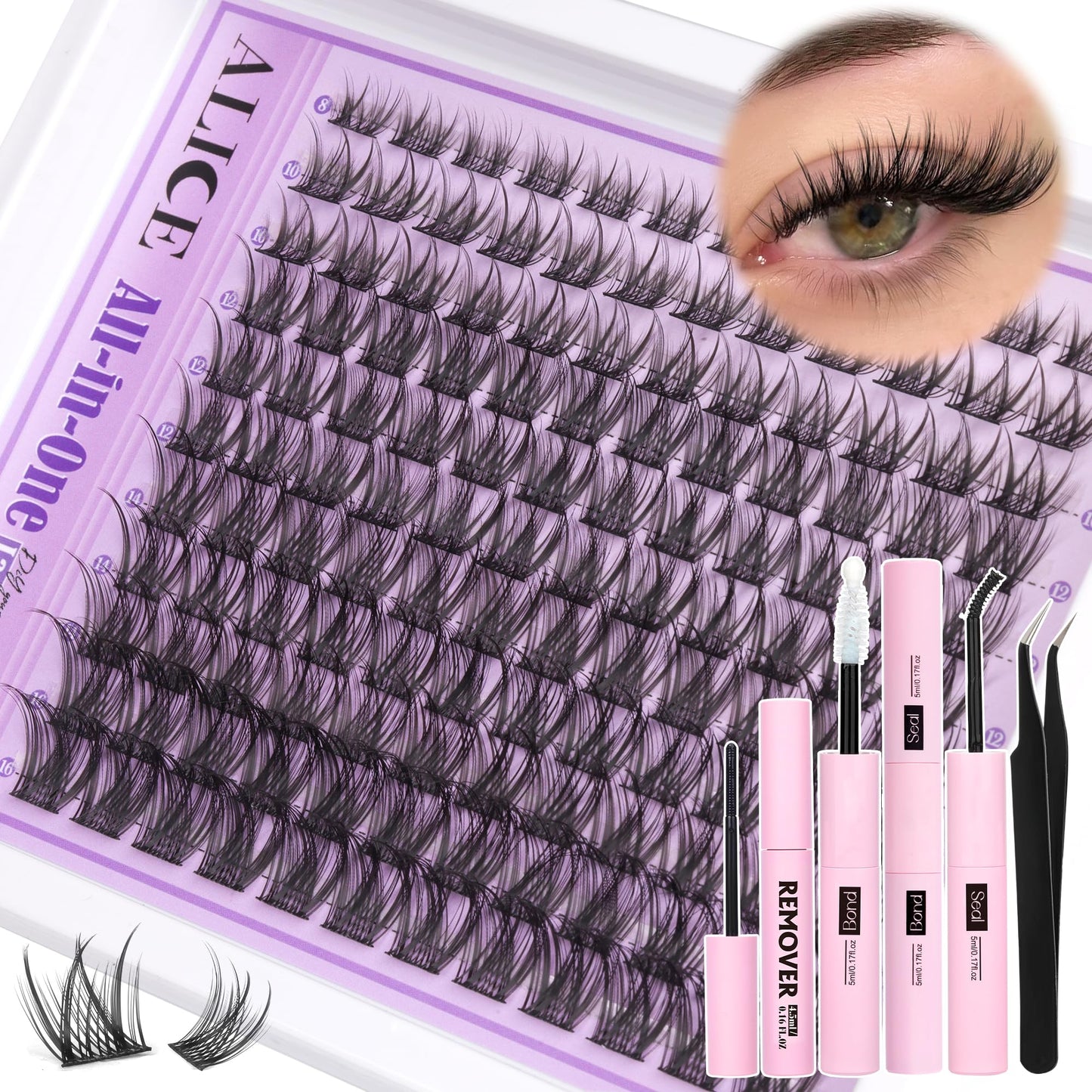 Wispy Lash Clusters Kit Natural Lash Extensions Kit DIY Cluster Eyelash Extensions C Curl 8-16mm Individual Lashes with Lash Remover Bond and Seal Soft Thin Band by ALICE - Available at All In One Marketplace Canada