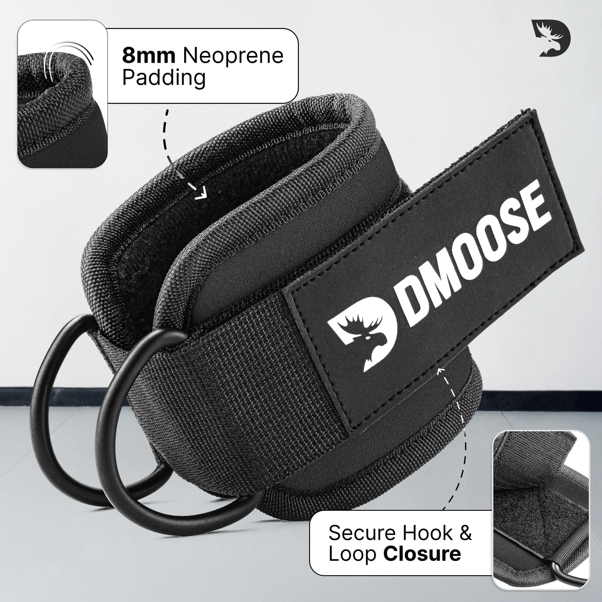 DMoose Ankle Straps for Cable Machines for Kickbacks, Glute Workouts, Leg Extensions, Curls, and Hip Abductors for Men and Women, Adjustable Ankle Strap with Double D-Rings and Neoprene Support