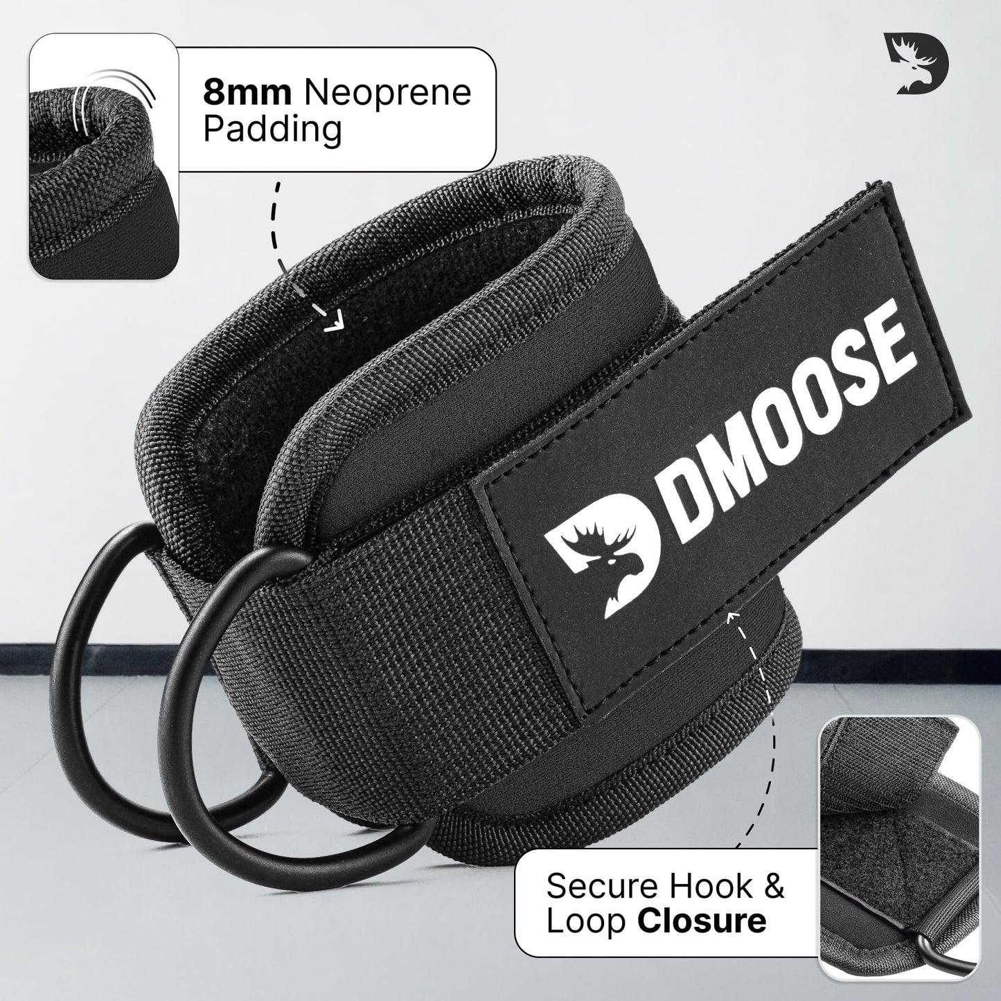 DMoose Ankle Straps for Cable Machines for Kickbacks, Glute Workouts, Leg Extensions, Curls, and Hip Abductors for Men and Women, Adjustable Ankle Strap with Double D-Rings and Neoprene Support