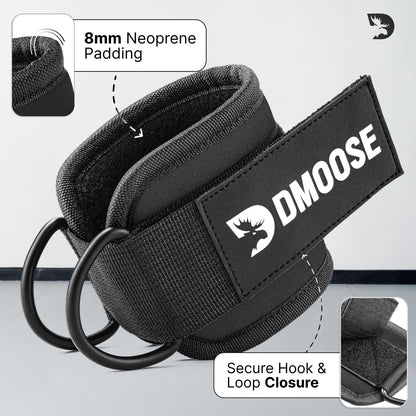 DMoose Ankle Straps for Cable Machines for Kickbacks, Glute Workouts, Leg Extensions, Curls, and Hip Abductors for Men and Women, Adjustable Ankle Strap with Double D-Rings and Neoprene Support