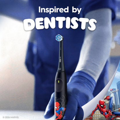 Oral-B iO Kids Limited Rechargeable Electric Powered Toothbrush, Spiderman with 1 Gentle Care Brush Head - Automatic Pressure Sensor to Protect Gums - 3 Cleaning Settings - 2 Min Music Timer - Travel Case - 28 Day Battery Life Oral-B