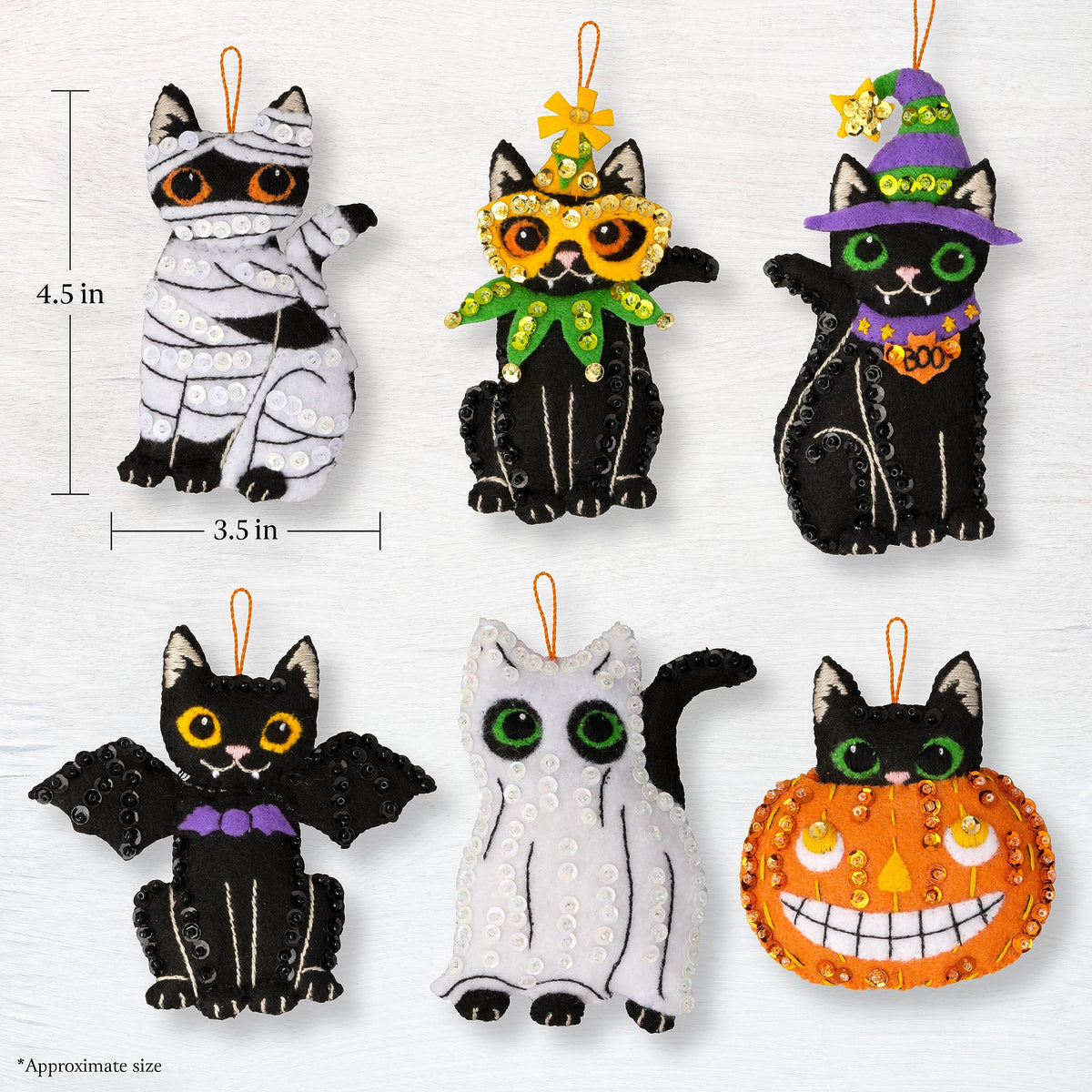 Kit de fabrication d'ornements en feutrine Bucilla, 6 pièces, Purrfectly Spooky, idéal pour les loisirs créatifs d'Halloween, 89649E