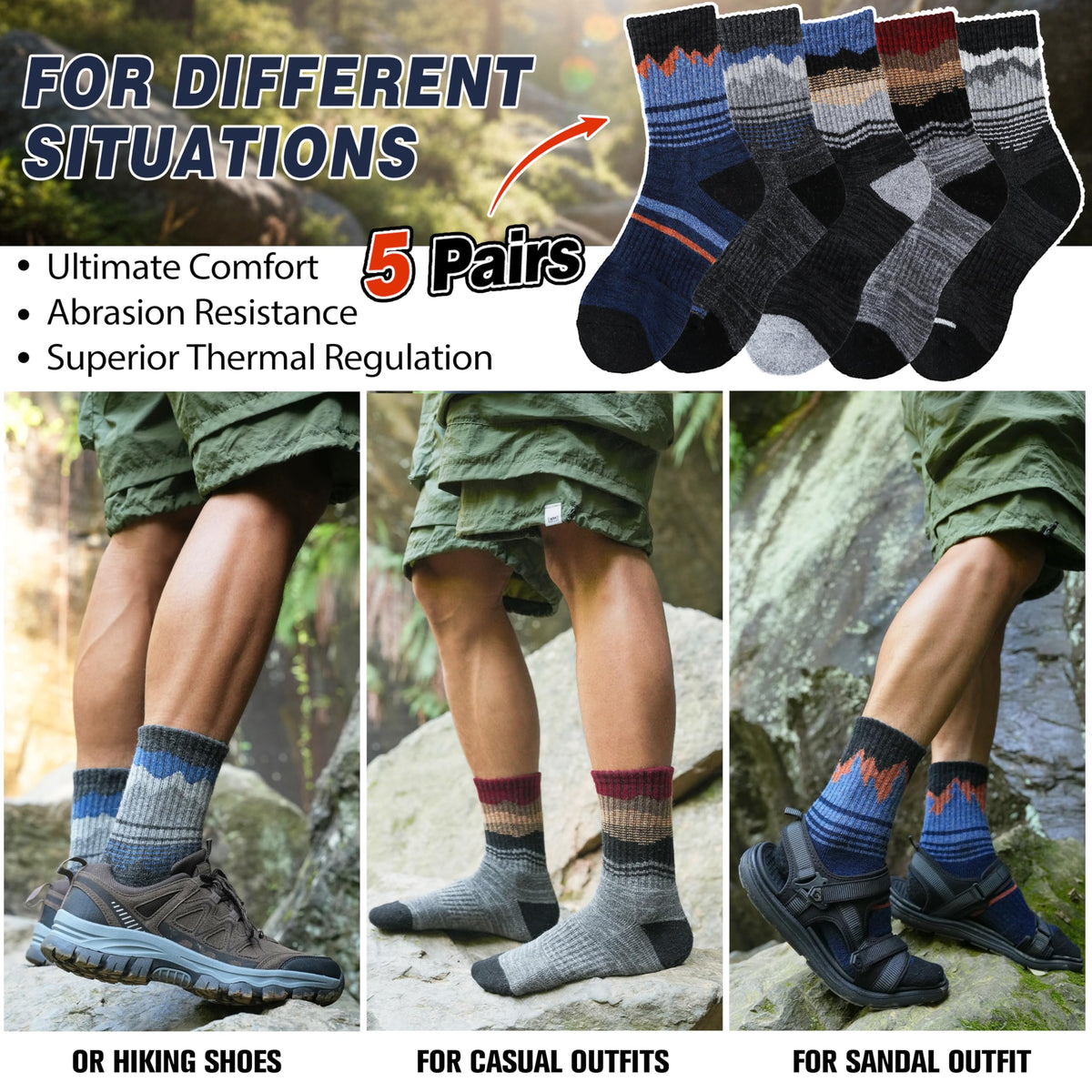 Sandsuced Merino Wool Hiking Socks Thermal Winter Warm Cozy Outdoor Crew Socks 5 Pairs Gift Stocking Stuffers for Men(Assorted Blue,M) 🍁 All In One Marketplace Canada