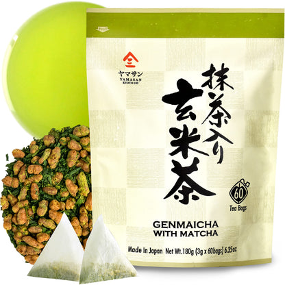 chaganju Genmaicha Green Tea with Roasted Brown Rice - Japanese Tea Bags, Low Caffeine (3g × 60 Bags)
