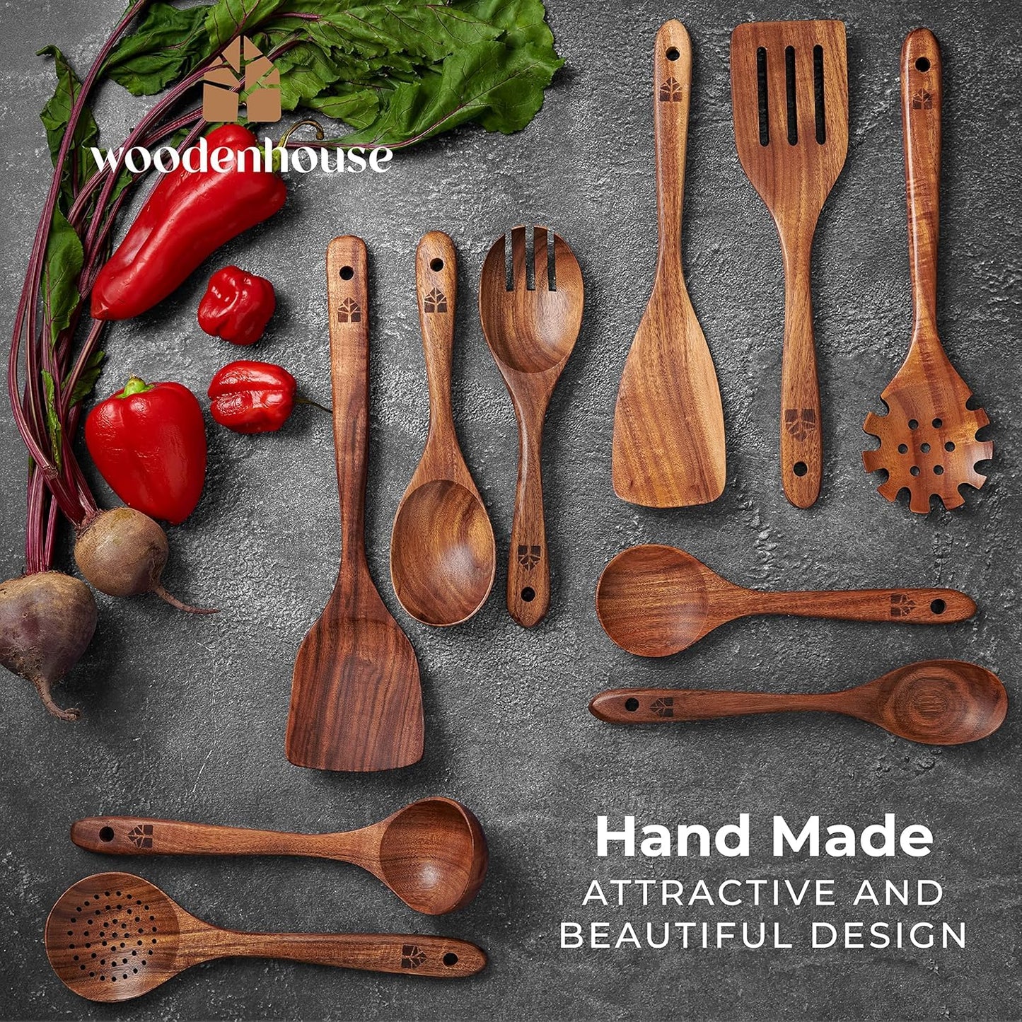 Wooden Spoons for Cooking, Kitchen Utensil Set, 10 Pcs Cooking Utensils Set for Nonstick Pans & Cookware – Study Teak Wood, Lightweight & Heat Resistant - Available at All In One Marketplace Canada