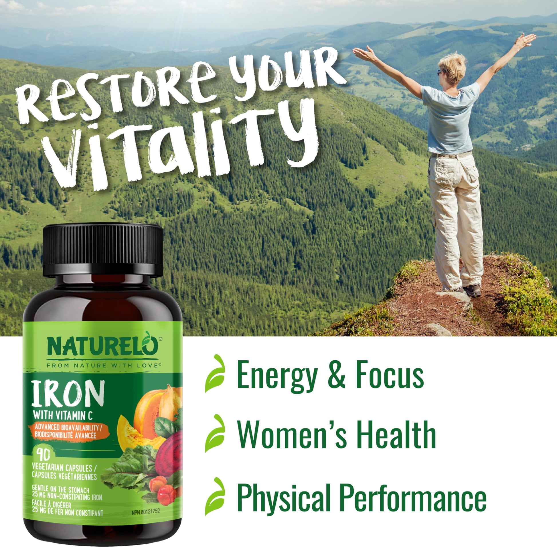 NATURELO Vegan Iron Supplement with Vitamin C and Organic Whole Foods, 90 Capsules, Gentle Iron Capsules for Women & Men with this Mineral Deficiency - Including Pregnancy, Anemia and Vegan Diets - Available at All In One Marketplace Canada
