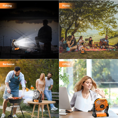 Kssvzz Portable Camping Fan with LED, 20000mAh Rechargeable Battery Powered Fan, 270°Pivot Personal USB Fan, 4 Speed Quiet Table Fan, 9’’ Battery Operated Tent Fan for Travel, Picnic(Orange)