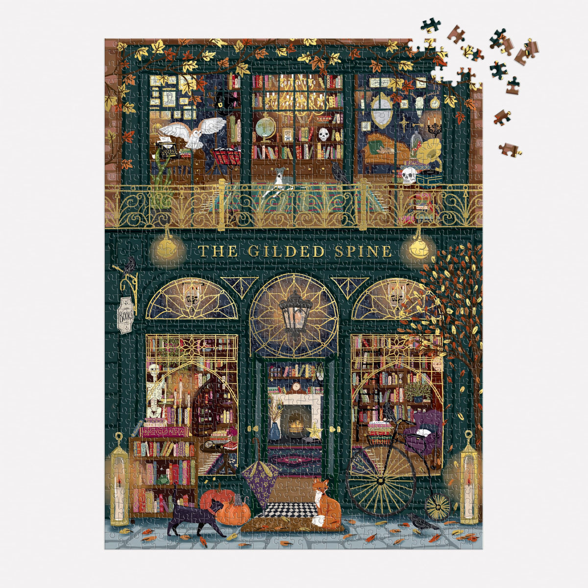 Galison The Gilded Spine Puzzle – 1000 Piece Foil Puzzle Featuring Beautiful Fall Book Storefront with Gold Detailing