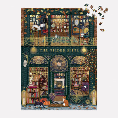 Galison The Gilded Spine Puzzle – 1000 Piece Foil Puzzle Featuring Beautiful Fall Book Storefront with Gold Detailing