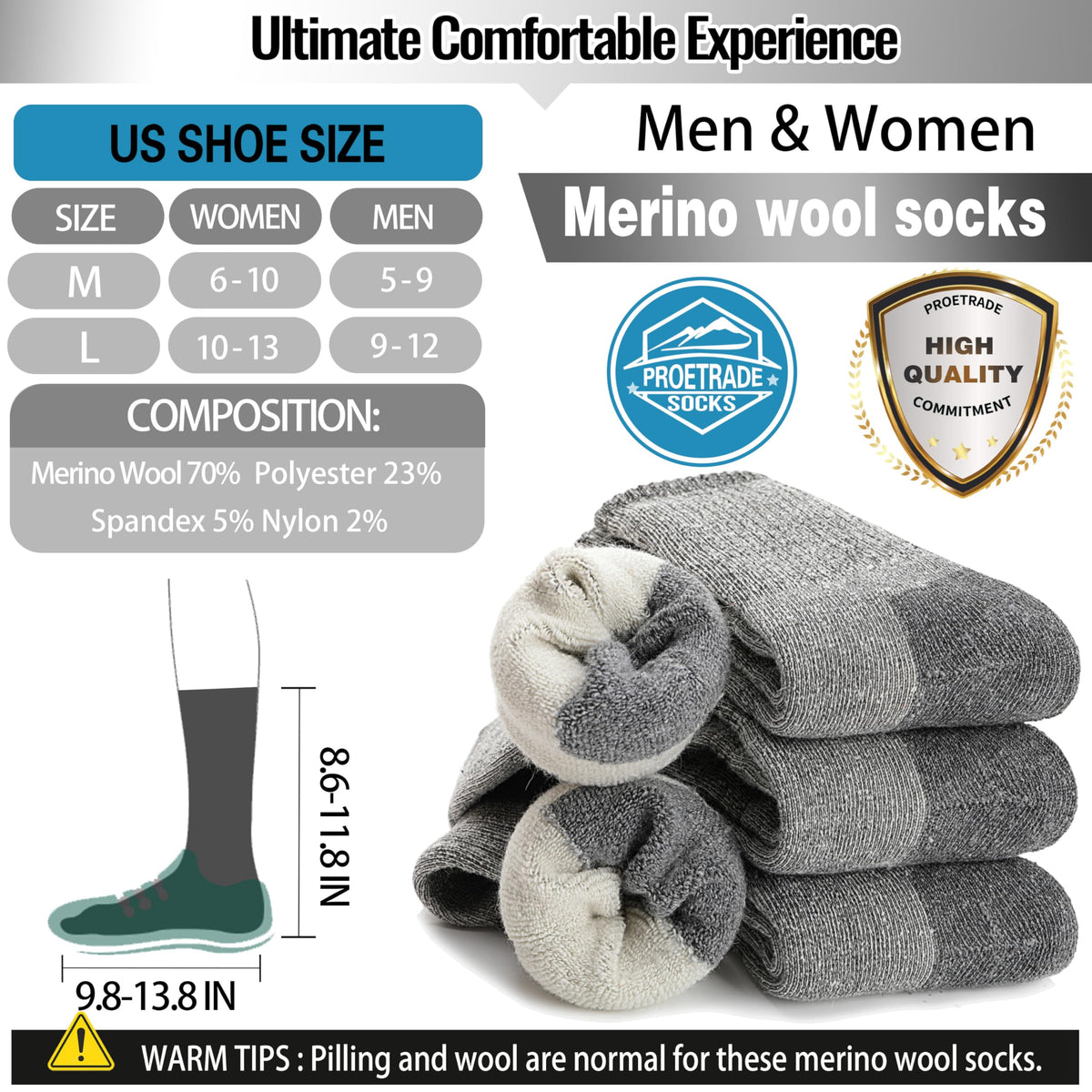 ProEtrade Merino Wool Hiking Socks for Men & Women Thermal Winter Warm Crew Thick Cushion Work Cozy Socks 4 Pairs Gifts Stockling Stuffers for Men(Classic Grey,L) 🍁 All In One Marketplace Canada