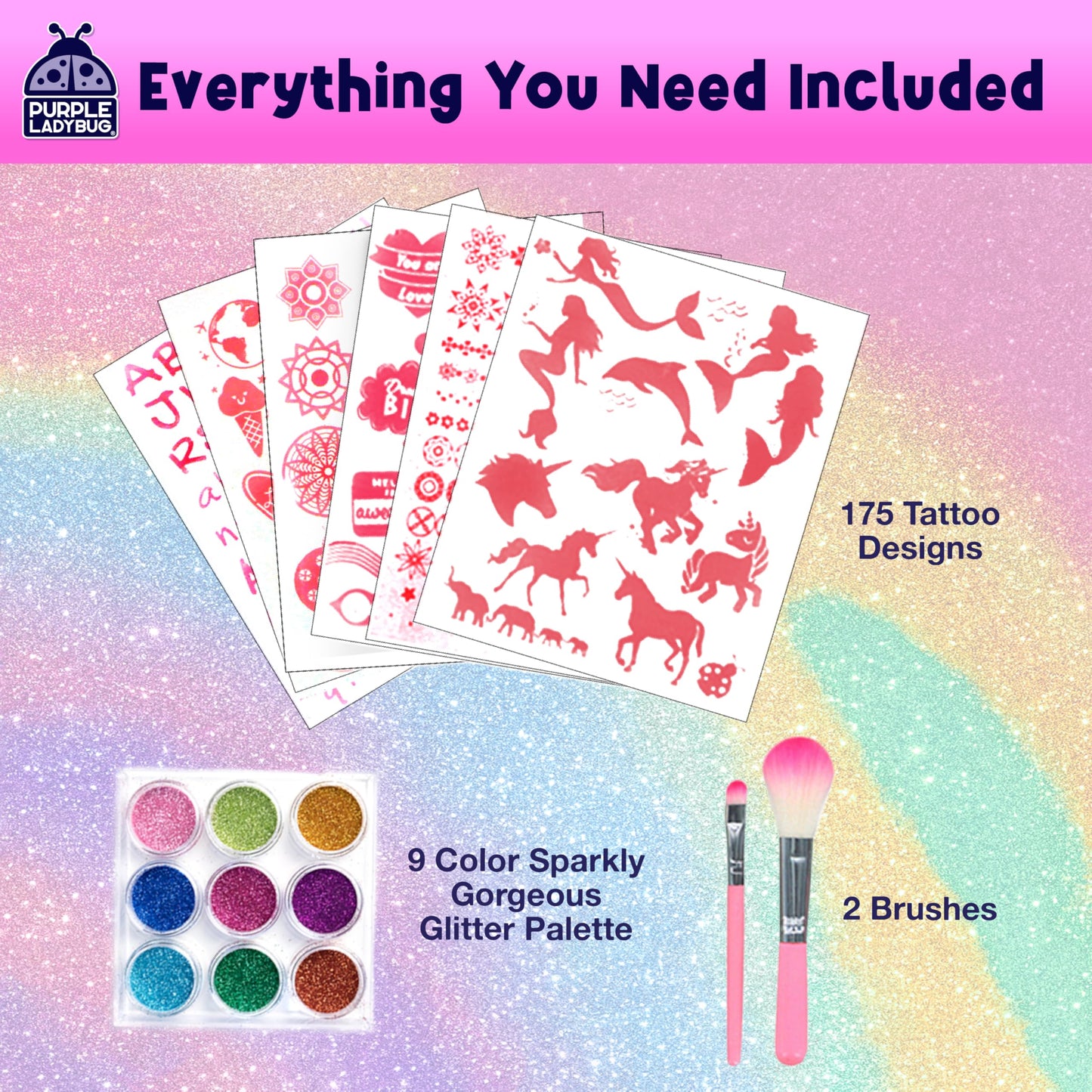 PURPLE LADYBUG 175 Glitter Tattoo Kit - Cute Temporary Tattoos for Kids 6-8 - Creative Girls Gifts 8-12 Years Old - Tween Girls Gift Ideas for Kids Age 6 7 8 9 10 11