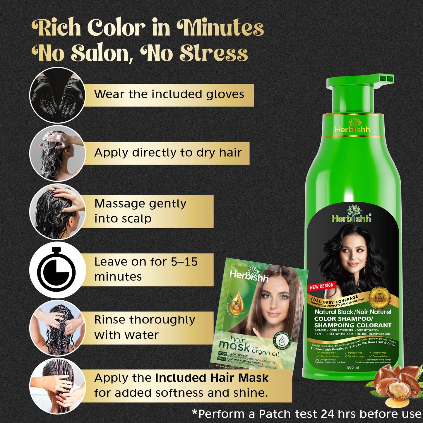 Herbishh Black Hair Dye Shampoo (500 mL), 3 in 1 Demi Permanent Hair Color Shampoo for Grey Coverage in 5-15 Minutes, Ideal for Women & Men. Ammonia-Free - Available at All In One Marketplace Canada