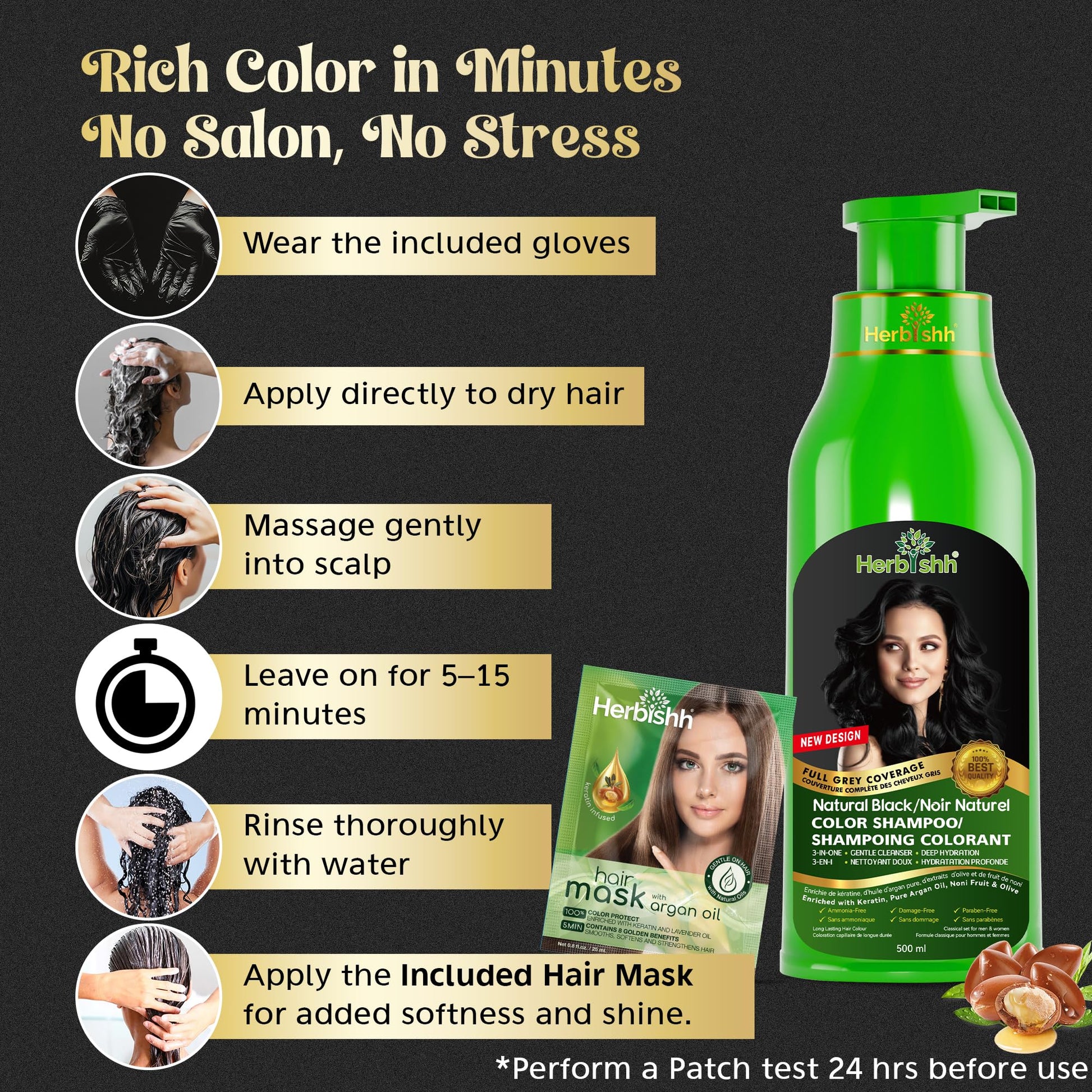 Herbishh Black Hair Dye Shampoo (500 mL), 3 in 1 Demi Permanent Hair Color Shampoo for Grey Coverage in 5-15 Minutes, Ideal for Women & Men. Ammonia-Free - Available at All In One Marketplace Canada