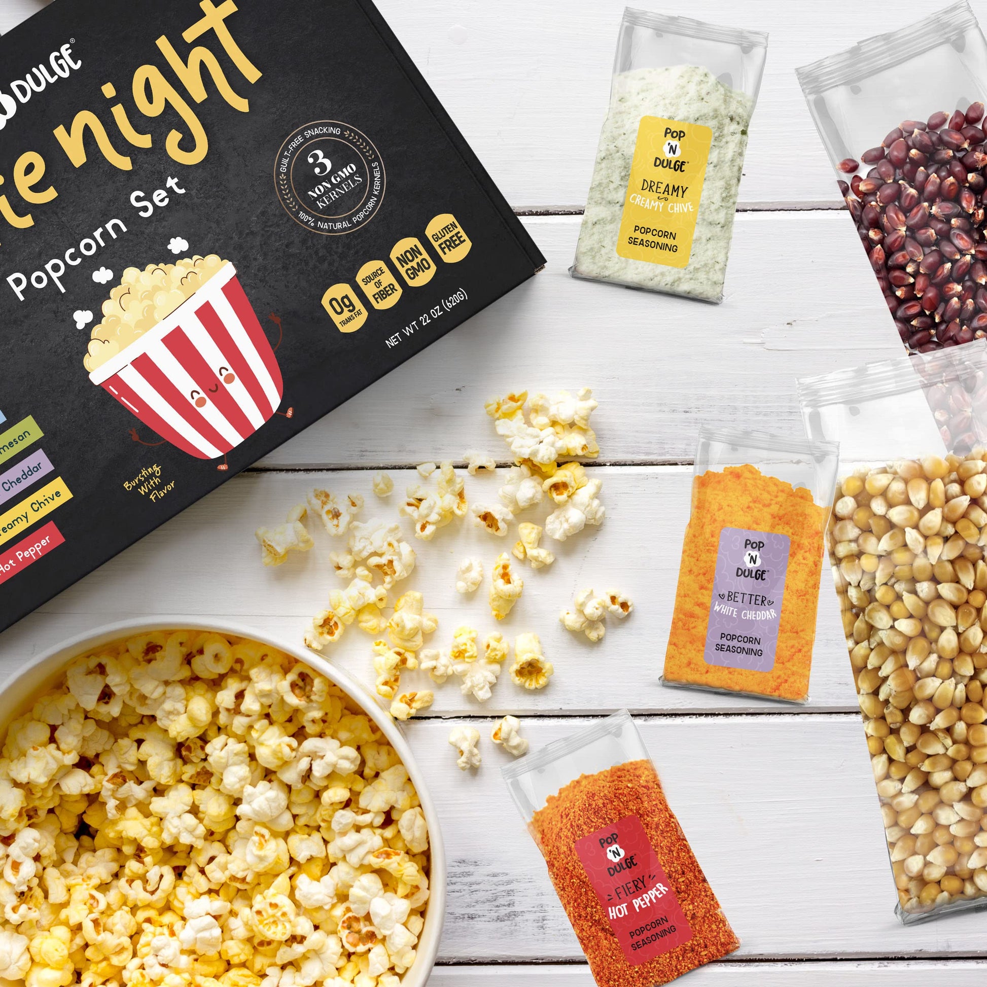 Pop n' Dulge Movie Night Popcorn Kit - 16 Pack with 5 Gourmet Kernels & 5 Seasonings