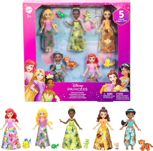 Mattel Disney Princess & Friends Set with 5 Posable Small Dolls in Removable Skirts or Pants & 5 Friend Figures, Inspired by the Disney Movies - Available at All In One Marketplace Canada