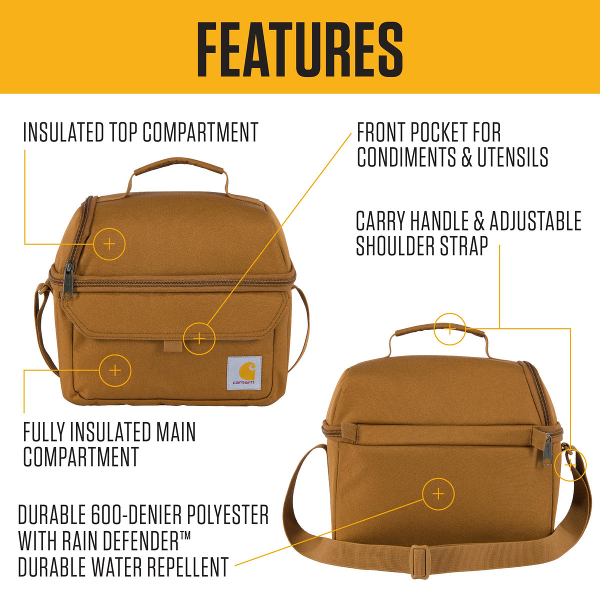 Carhartt Insulated 12 Can Two Compartment Lunch Cooler, Durable Fully-Insulated Lunch Box, Dual Compartment (Black)